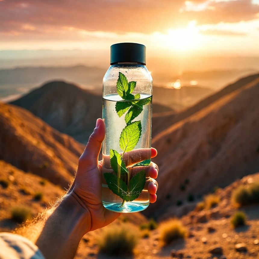 water bottle with mint leaves against golden Agafay hills