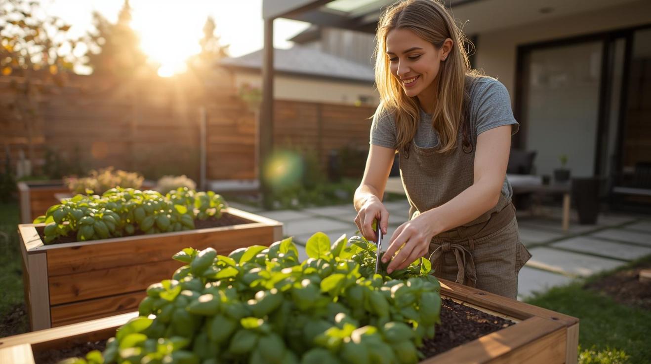 Woman harvesting fresh backyard herbs beside sunny modern wellness inspired suburban family home.