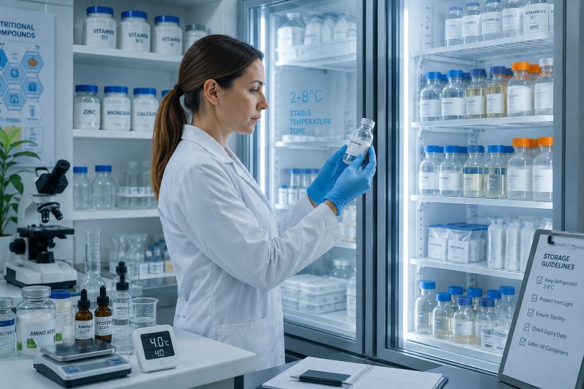 nutrition laboratory with sterile storage containers inside a refrigerated research environment